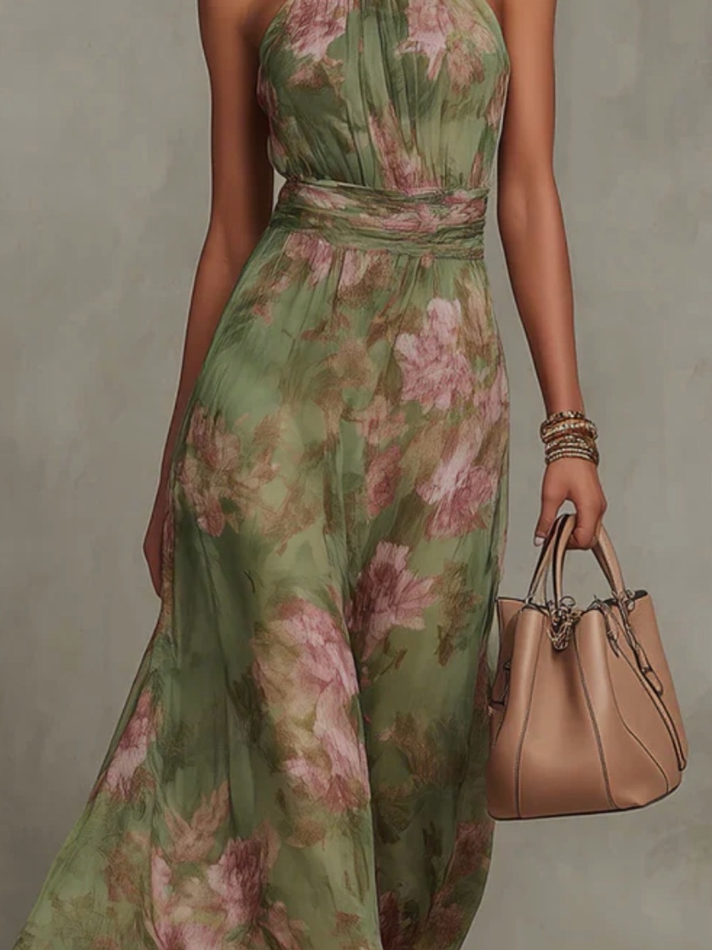 Floral Halter Maxi Dress in Sage Green and Pink